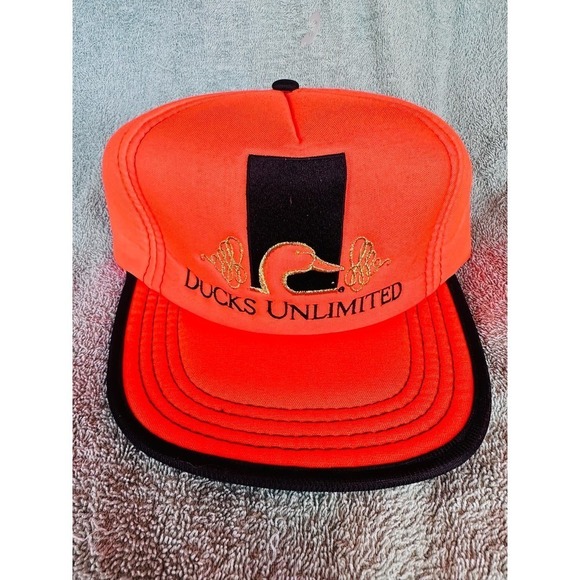 NOS Vintage Ducks Unlimited Snap Back Foam Hat Neon Orange Embroidered Hat Cap - Picture 1 of 8